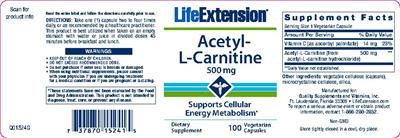 Photo of the Life Extension Acetyl-L-Carnitine 500 mg label