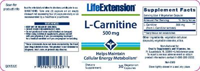 Photo of the Life Extension L-Carnitine 500 mg label