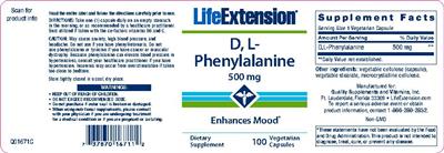 Photo of the Life Extension D, L-Phenylalanine 500 mg label