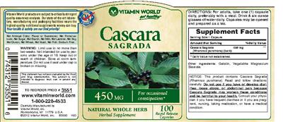 Photo of the Vitamin World Cascara Sagrada 450 mg label