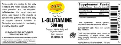 Photo of the VSN Vital Strength Nutrition L-Glutamine 500 mg label
