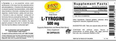 Photo of the VSN Vital Strength Nutrition L-Tyrosine 500 mg label
