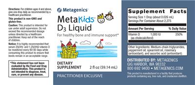 Photo of the Metagenics MetaKids D3 Liquid label