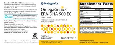 Photo of the Metagenics OmegaGenics EPA-DHA 500 EC label
