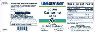 Photo of the Life Extension Super Carnosine 500 mg label
