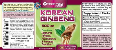 Photo of the Vitamin World Korean Ginseng 500 mg label