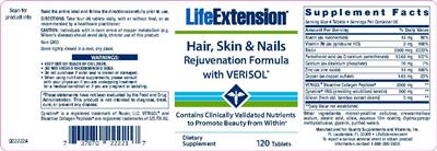 Photo of the Life Extension Hair, Skin & Nails Rejuvenation Formula with VERISOL label