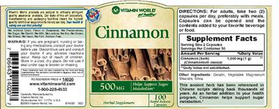 Photo of the Vitamin World Cinnamon 500 mg label