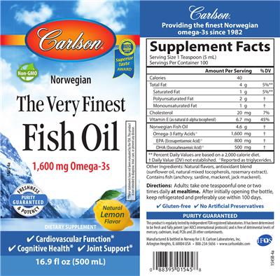 Photo of the Carlson The Very Finest Fish Oil Natural Lemon Flavor label