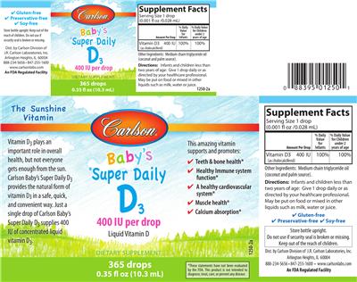 Photo of the Carlson Baby's Super Daily D3 400 IU label