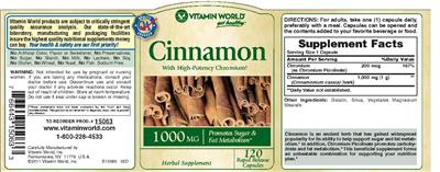 Photo of the Vitamin World Cinnamon 1000 mg label