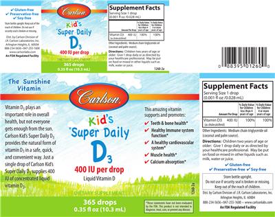 Photo of the Carlson Kid's Super Daily D3 400 IU label