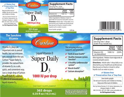 Photo of the Carlson Super Daily D3 1000 IU label