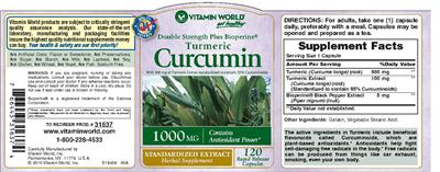 Photo of the Vitamin World Double Strength Plus Bioperine Turmeric Curcumin 1000 mg label