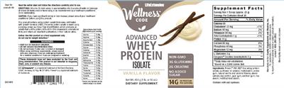 Photo of the Life Extension Wellness Code Advanced Whey Protein Isolate Vanilla Flavor label