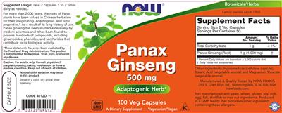 Photo of the NOW Panax Ginseng 500 mg label