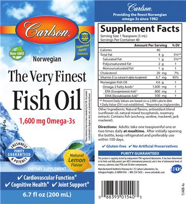 Photo of the Carlson The Very Finest Fish Oil Natural Lemon Flavor label