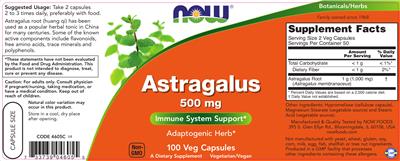 Photo of the NOW Astragalus 500 mg label
