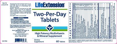 Photo of the Life Extension Two-Per-Day Tablets label