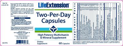 Photo of the Life Extension Two-Per-Day Capsules label