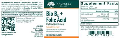 Photo of the Genestra Brands Bio B12 + Folic Acid Natural Cherry Flavor label