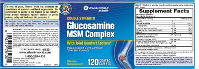 Photo of the Vitamin World Double Strength Glucosamine MSM Complex label