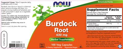 Photo of the NOW Burdock Root 430 mg label