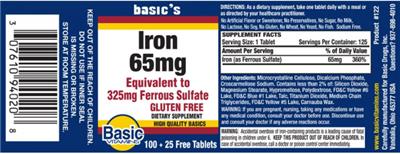 Photo of the Basic Vitamins Iron 65 mg label