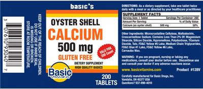 Photo of the Basic Vitamins Oyster Shell Calcium 500 mg label