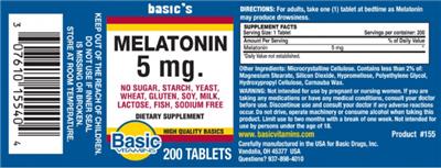 Photo of the Basic Vitamins Melatonin 5 mg label