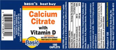 Photo of the Basic Vitamins Calcium Citrate with Vitamin D label