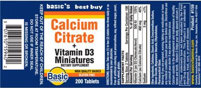Photo of the Basic Vitamins Calcium Citrate + Vitamin D3 Miniatures label