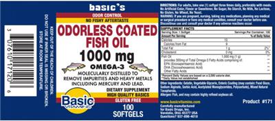 Photo of the Basic Vitamins Oderless Coated Fish Oil 1000 mg Omega-3 label