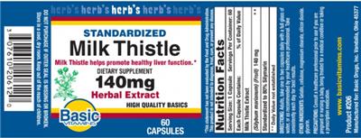 Photo of the Basic Vitamins Standardized Milk Thistle 140 mg label
