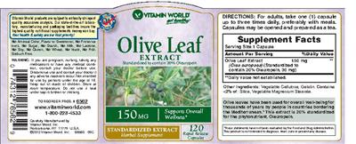 Photo of the Vitamin World Olive Leaf Extract 150 mg label