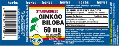 Photo of the Basic Vitamins Standardized Ginkgo Biloba 60 mg label
