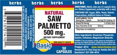 Photo of the Basic Vitamins Natural Saw Palmetto 500 mg label