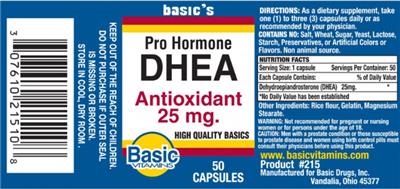 Photo of the Basic Vitamins Pro Hormone DHEA 25 mg label