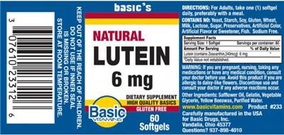 Photo of the Basic Vitamins Natural Lutein 6 mg label