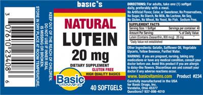 Photo of the Basic Vitamins Natural Lutein 20 mg label