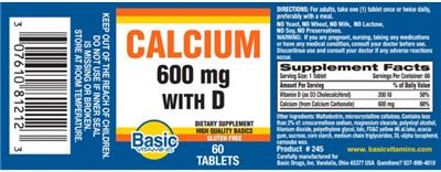 Photo of the Basic Vitamins Calcium 600 mg with D label