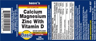 Photo of the Basic Vitamins Calcium Magnesium Zinc with Vitamin D label