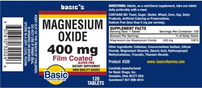 Photo of the Basic Vitamins Magnesium Oxide 400 mg label