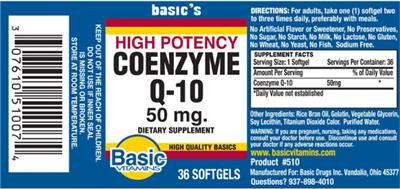 Photo of the Basic Vitamins High Potency Coenzyme Q-10 50 mg label