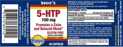 Photo of the Basic Vitamins 5-HTP 100 mg label
