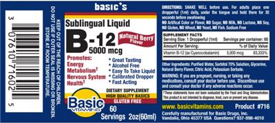 Photo of the Basic Vitamins Sublingual Liquid B-12 5000 mcg Natural Berry Flavor label