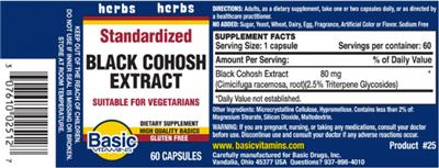 Photo of the Basic Vitamins Standardized Black Cohosh Extract label