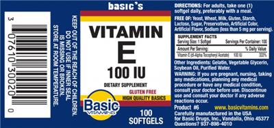 Photo of the Basic Vitamins Vitamin E 100 IU label