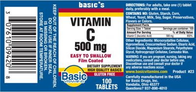 Photo of the Basic Vitamins Vitamin C 500 mg label