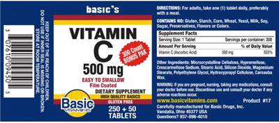 Photo of the Basic Vitamins Vitamin C 500 mg label